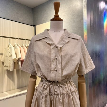 카라 단추 플리츠 롱 원피스