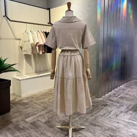 카라 단추 플리츠 롱 원피스