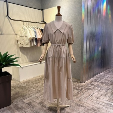 V넥 카라 스트랩 롱 원피스