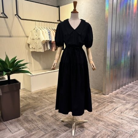 V넥 카라 스트랩 롱 원피스