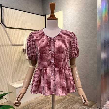 체리 프린트 리본 블라우스