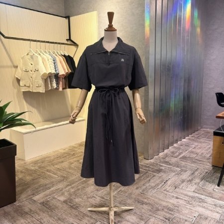 스트랩 지퍼 카라 넥 롱 원피스