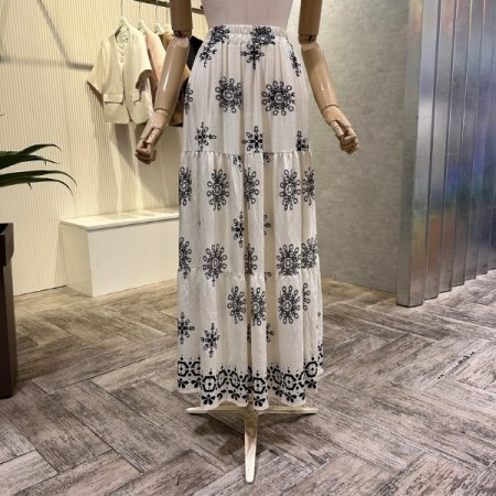 프린트 이단 셔링 밴딩 롱 스커트