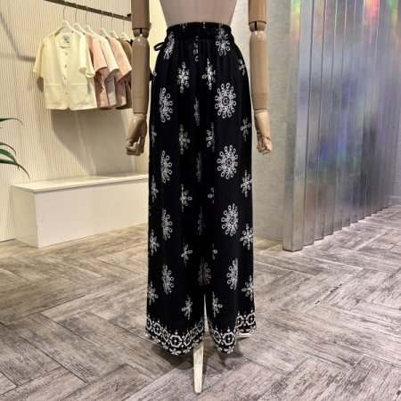 백 밴딩 프린트 와이드 팬츠