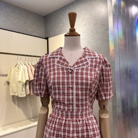 체크 카라 레이스 라인 원피스