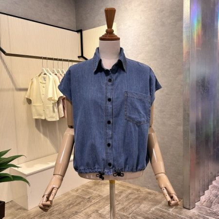 캡소매 스트링 데님 셔츠