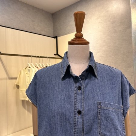 캡소매 스트링 데님 셔츠