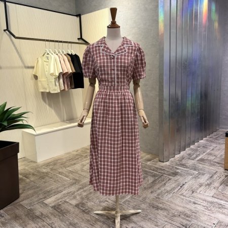 카라 레이스 체크 라인 원피스