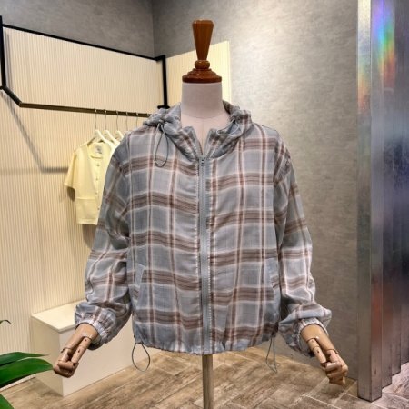 후드 스트링 체크 점퍼