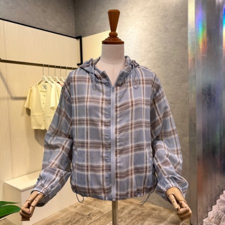 후드 스트링 체크 점퍼