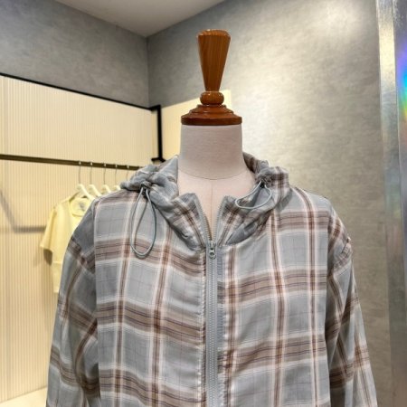 후드 스트링 체크 점퍼