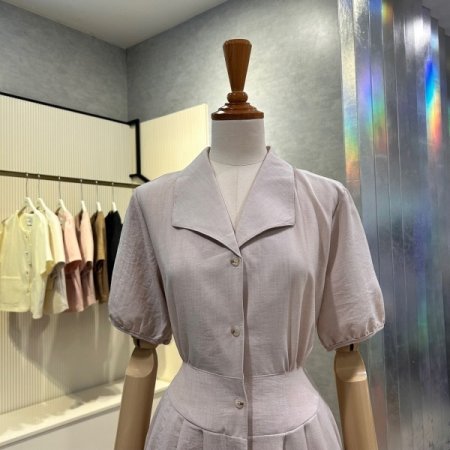 플리츠 스트랩 카라 롱 원피스