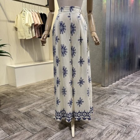 프린트 백 밴딩 와이드 팬츠