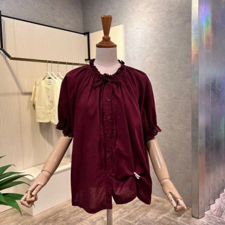 스트랩 프릴넥 면 블라우스