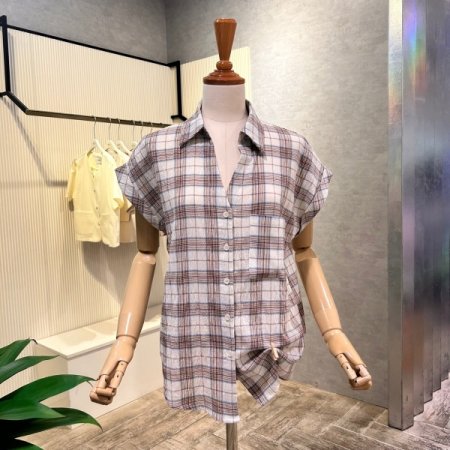 언발 체크 캡소매 카라 셔츠