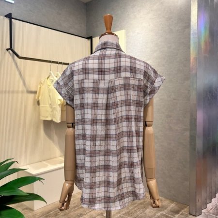 언발 체크 캡소매 카라 셔츠