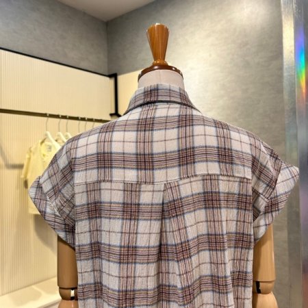 언발 체크 캡소매 카라 셔츠
