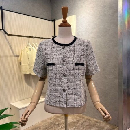 크롭 배색 라운드 반팔 재킷