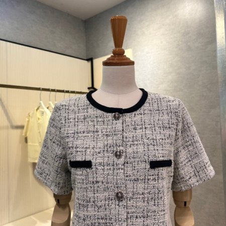 크롭 배색 라운드 반팔 재킷