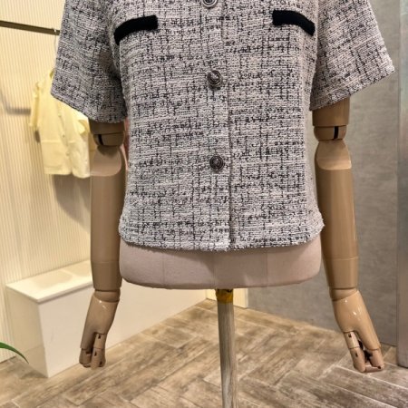 크롭 배색 라운드 반팔 재킷