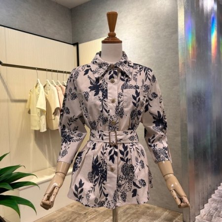 벨티드 카라 나염 셋업 블라우스