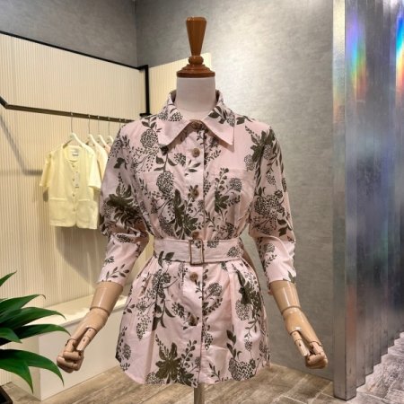 나염 셋업 벨티드 블라우스