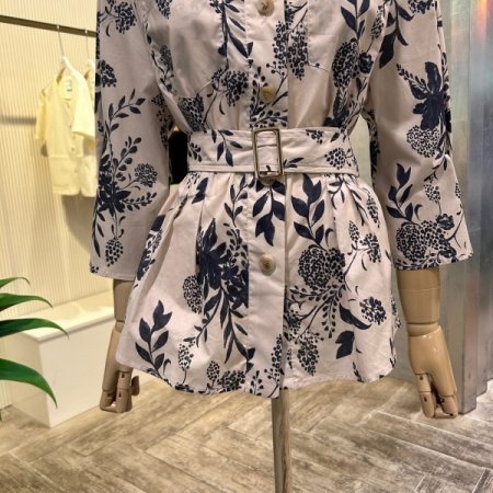 나염 셋업 벨티드 블라우스