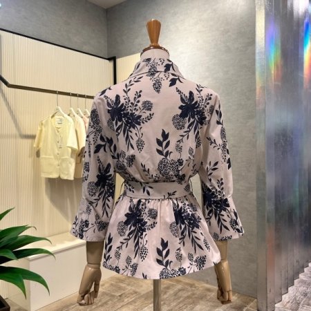 나염 셋업 벨티드 블라우스