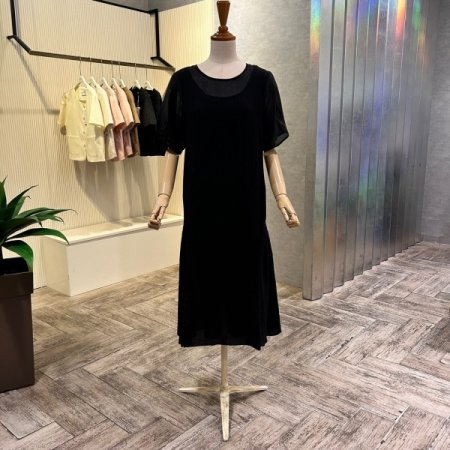 시스루 배색 언발 롱 원피스