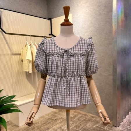 프릴 체크 리본 블라우스