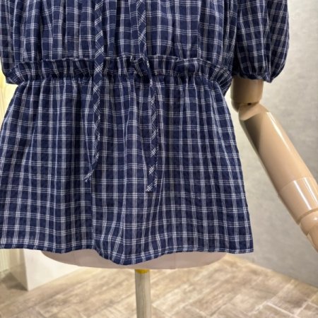 프릴 체크 리본 블라우스