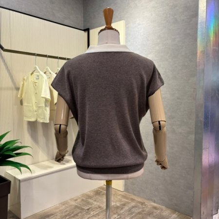 배색 카라 캡소매 니트