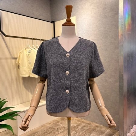 V넥 단추 크롭 반팔 자켓