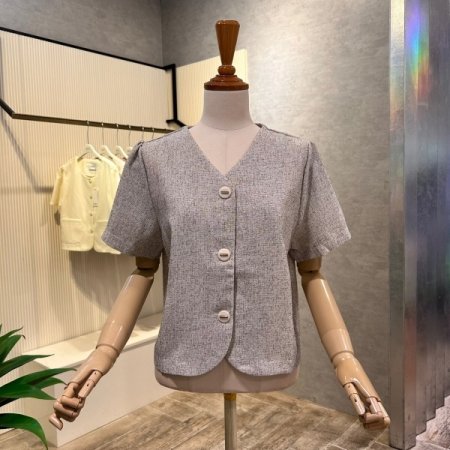 V넥 단추 크롭 반팔 자켓