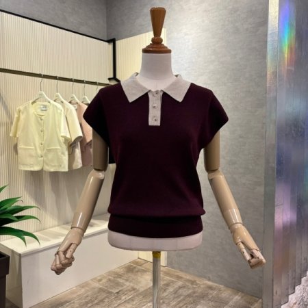 캡소매 배색 카라 니트