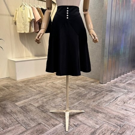 단추 A라인 미디 스커트