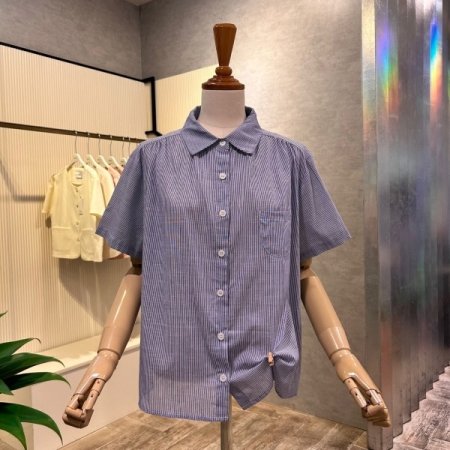 언발 셔링 스트라이프 카라 셔츠