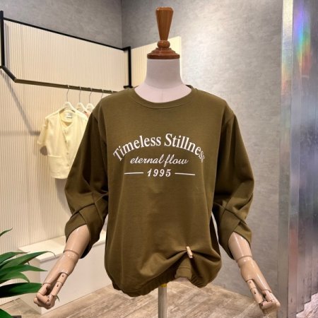 레터링 밴딩 셔링 소매 티셔츠