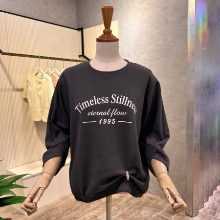 레터링 밴딩 셔링 소매 티셔츠