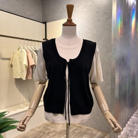 라운드 배색 베스트 니트 셋트