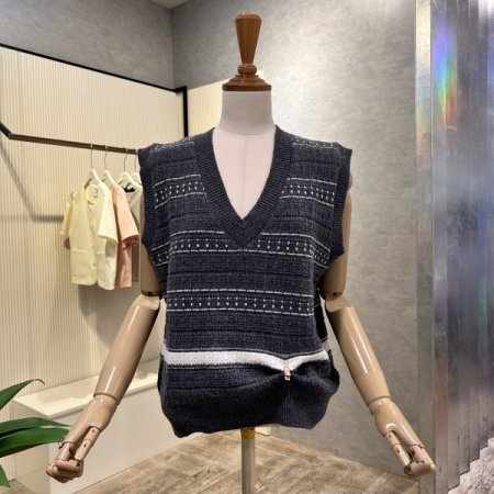패턴 배색 브이넥 베스트 니트