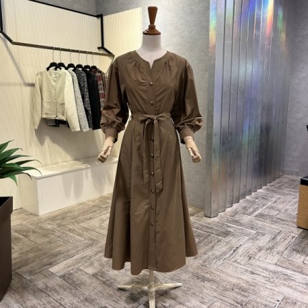 단추 스트랩 칠부 소매 롱 원피스