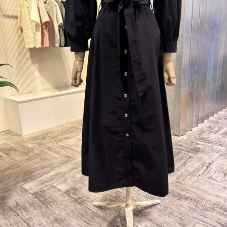 단추 스트랩 칠부 소매 롱 원피스