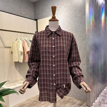 체크 단추 언발 셔츠