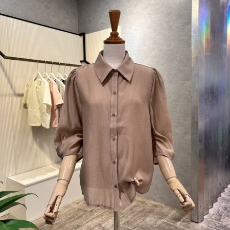 카라 단추 플리츠 소매 블라우스