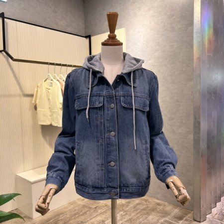 워싱 후드 배색 데님 자켓