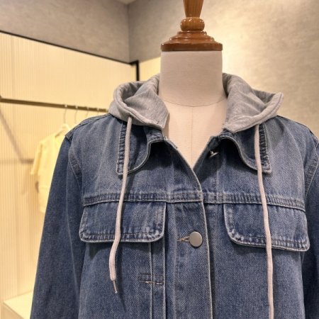 워싱 후드 배색 데님 자켓