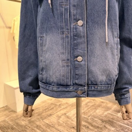 워싱 후드 배색 데님 자켓