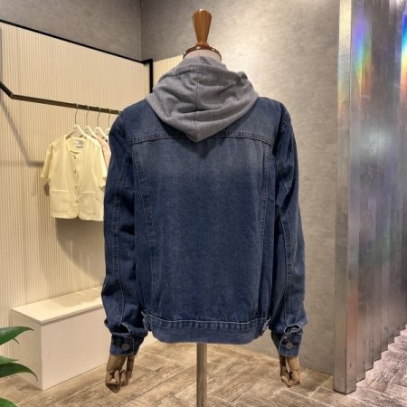 워싱 후드 배색 데님 자켓