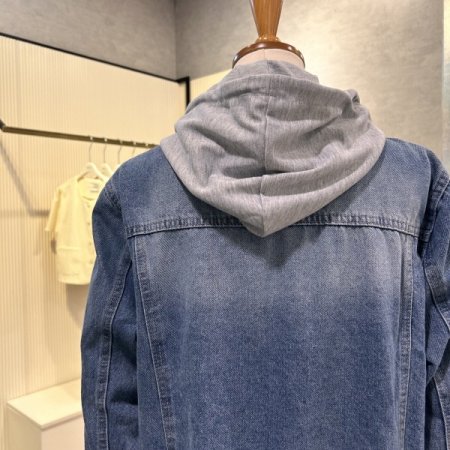 워싱 후드 배색 데님 자켓